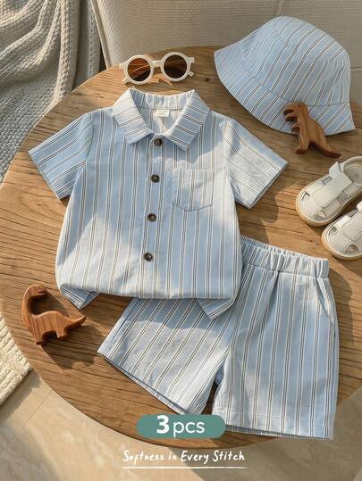 Cozy Pixies Bộ 3 món cho bé trai/bé gái, gồm áo sơ mi ngắn tay kẻ sọc xanh trắng, quần short và mũ chống nắng, thích hợp cho mùa xuân/hè.