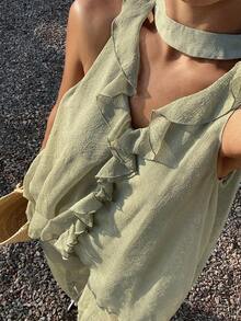 DAZY Women's Spaghetti Strap Ruffle V-Neck Loose Tank Top And Wide Leg Pants 2 Pieces Set Vacation Summer - Green - View 6