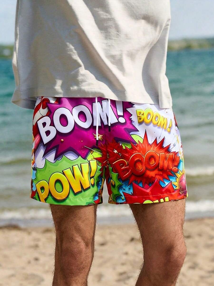 Solantero Calções de praia masculinos com estampa de letras coloridas - Roxa - Ver 1