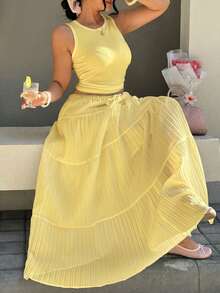 GalTyme Set 2pcs Ukuran Plus Warna Putih: Tank Top Tanpa Lengan & Rok Maxi - Kuning - View 4