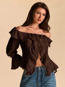 SHEIN BAE All Shades Of Brown 秋季時尚性感優雅約會之夜外出度假女款荷葉邊飾不對稱綁帶袖口下擺長袖襯衫 - 咖啡棕 - 查看 5