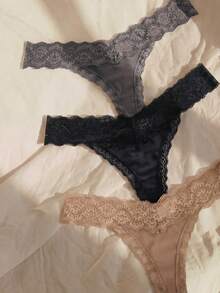 Lullawish 3件套女士蕾丝拼接简约丁字裤内衣，性感 - 彩色 - 查看 3