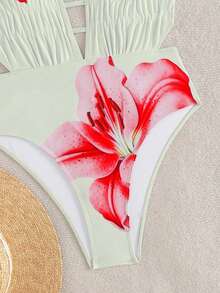Swim SXY Springbreak Swim Vcay 女士印花深V性感露背交叉绑带连体泳衣，夏季假期 - 米色 - 查看 5