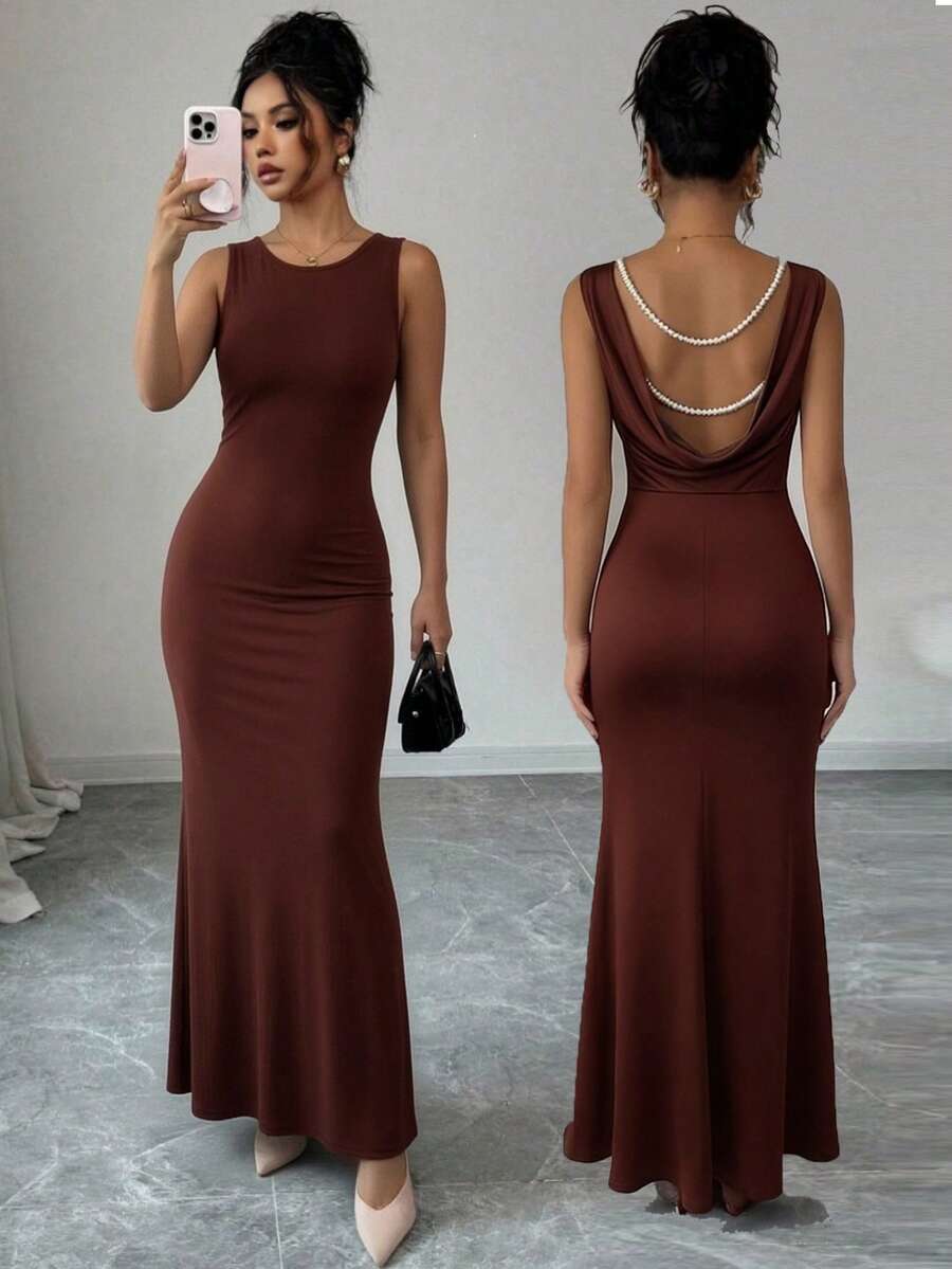 Elenzga Women's New Elegant Backless Pearl Fitted Sleeveless Solid Color High-End Dress - Brown - View 1