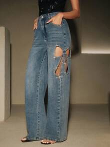Anewsta Celana Jeans Biru Model Lurus dengan Hiasan Pita dan Motif Berlian Berongga untuk Wanita di Musim Panas - Biru - View 4