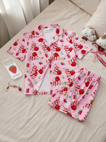 Strawberry Shortcake X SHEIN Tween Girls' Cute Strawberry Print Short Sleeve Shirt And Shorts Pajama Set, Summer