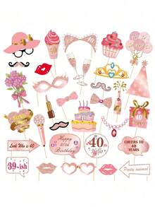33 件玫瑰金闪光生日照片亭道具套件，DIY 趣味生日快乐照片道具套装，适用于女性装饰品（带棍棒），生日派对装饰品及用品，圣诞节 - 彩色 - 查看 24