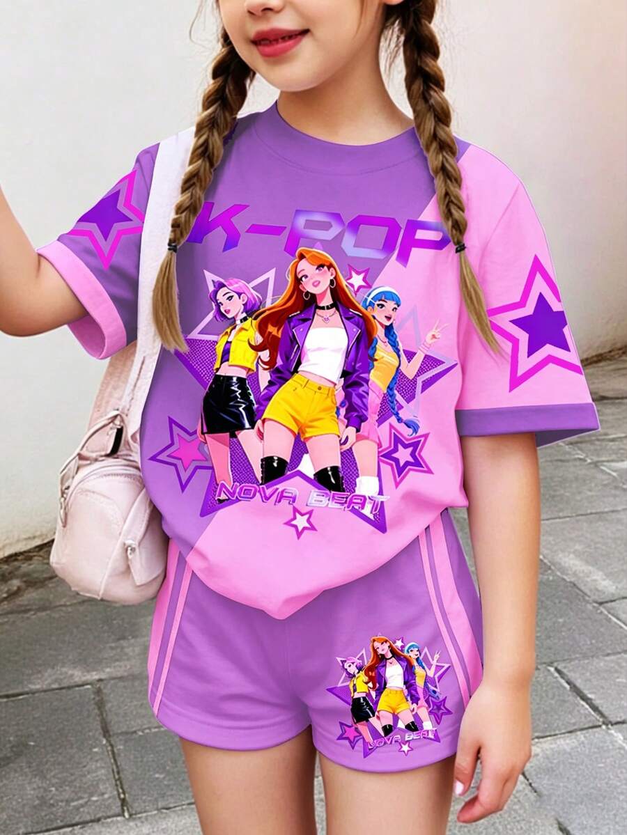 粉色夏季牛仔風青少年女孩卡通K-Pop巨星圖案落肩短褲兩件套,運動風紫色撞色休閒套裝 - 白色 - 查看 1