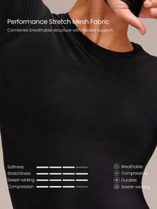 Stretch Mesh AirFlex Fitted Compression Breathable Hip-Length Stay-Put Contrasting Back Logo Long Sleeve Top Training Running Workout Gym Fitness Wear - Black - View 6