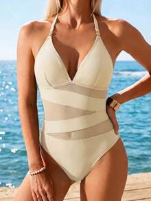 Bonvoyette Women's Sexy One-Piece Swimsuit With Metallic Decor, V-Neck And Sheer Splice Design, Suitable For Beach Vacation - Apricot - View 3