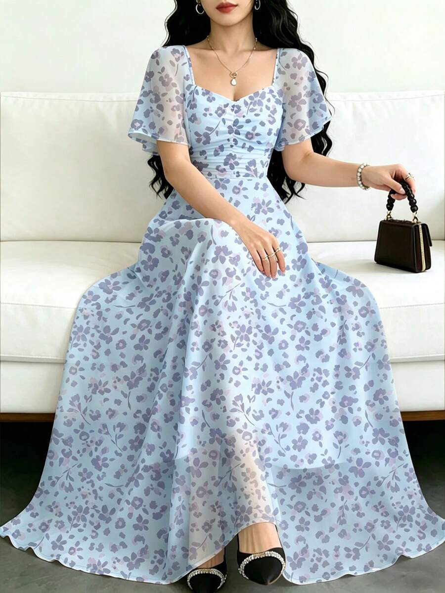 Modelyn 女款淺藍色花卉優雅夏季長洋裝,方領荷葉袖收腰設計,時尚剪裁印花茶會度假穿搭 - 彩色 - 查看 1