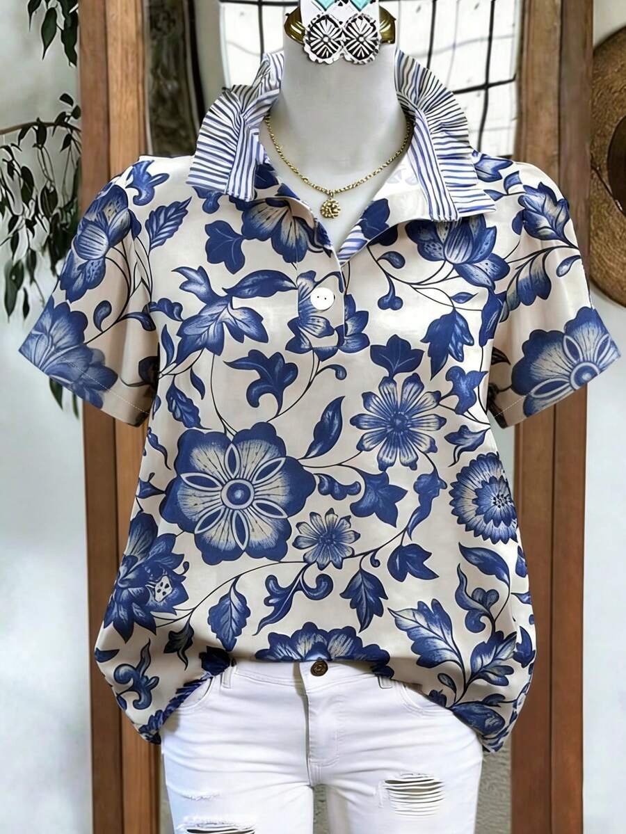 Linhara 大码女装春夏时尚必备单品:休闲、简约、百搭的衬衫,采用复古花卉印花和不对称设计,配以小立领——是春夏装扮的完美之选。 - 彩色 - 查看 1