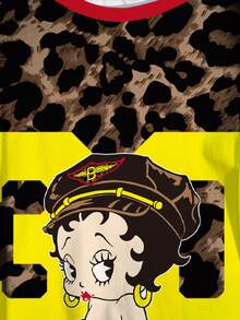 Betty Boop x SHEIN Plus Size Women's Leopard Print Short Sleeve T-Shirt, All-Over Print, Casual Summer Chocolate Brown - White - View 4