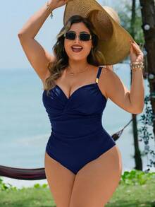 Swim Lushoire Solid Color Waist Cutout Metal Decor Elegant Plus Size One-Piece Swimsuit, Suitable For Beach Vacation - Navy Blue - View 6