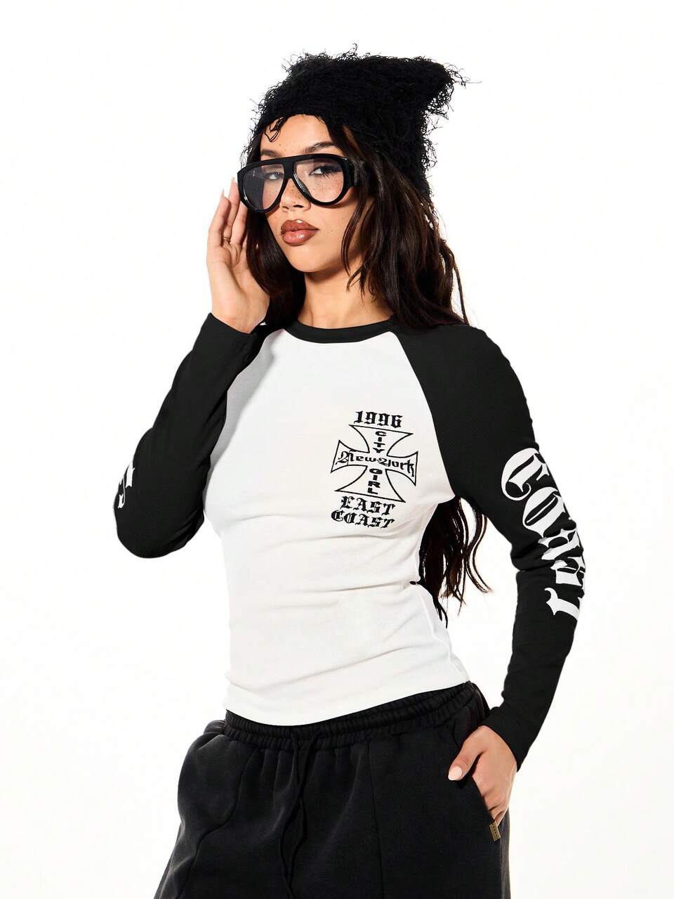 SUMWON Women Long Sleeve Raglan Graphic Tee With Cross Print And Number Details