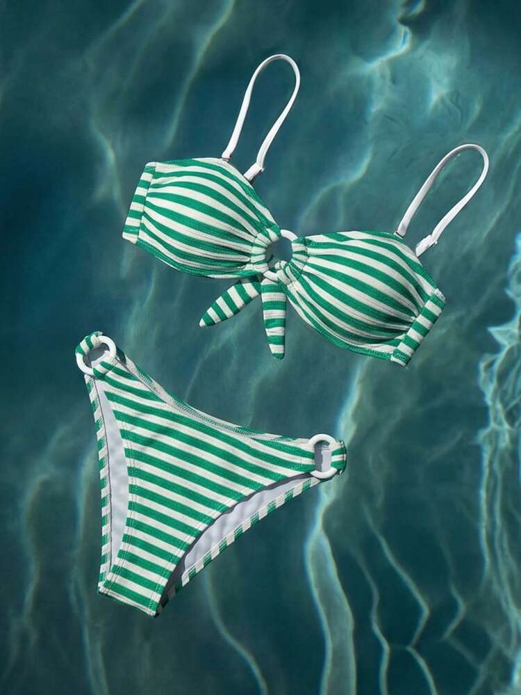 Women's Summer Vacation Beach Striped Spaghetti Strap Bikini Set