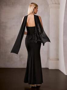 MOTF Soiréza ELEGANT BLACK STRAPLESS MERMAID EVENING DRESS WITH BEADED FLOWER DECOR & SCARF SPRING SUMMER OUTFITS FOR WEDDING GUEST, EVENING PARTY, FORMAL - Black - View 4