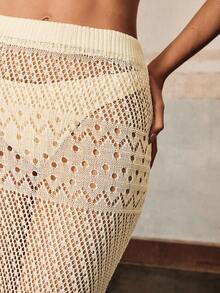 Anewsta Women's Sexy Beach Vacation Style Knitted Hollow Out Cover-Up Skirt Set Beige Summer - Apricot - View 7