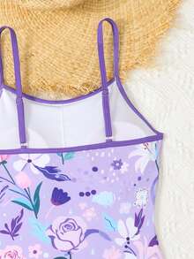 SHEIN Bộ đồ bơi tuổi teen, kiểu dáng thường ngày, họa tiết hoa tím in kỹ thuật số, một mảnh với dây đeo có thể điều chỉnh, viền bèo nhún hai lớp, thời trang và thanh lịch, thích hợp cho bơi lội, kỳ nghỉ hè, bãi biển, hồ bơi, tiệc tùng. - Nhiều màu - Xem 4