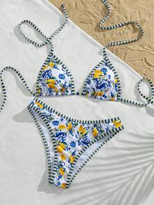 Bonvoyette 女士夏季海滩音乐节柠檬印花露背丁字裤假日比基尼套装 - 彩色 - 查看 5