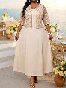Fleurora 2pcs Plus Size Sequin Decor Short Sleeve Jacket Cream Floral Dress Set Wedding Dinner Special Occasion Summer Elegant - Pink - View 3