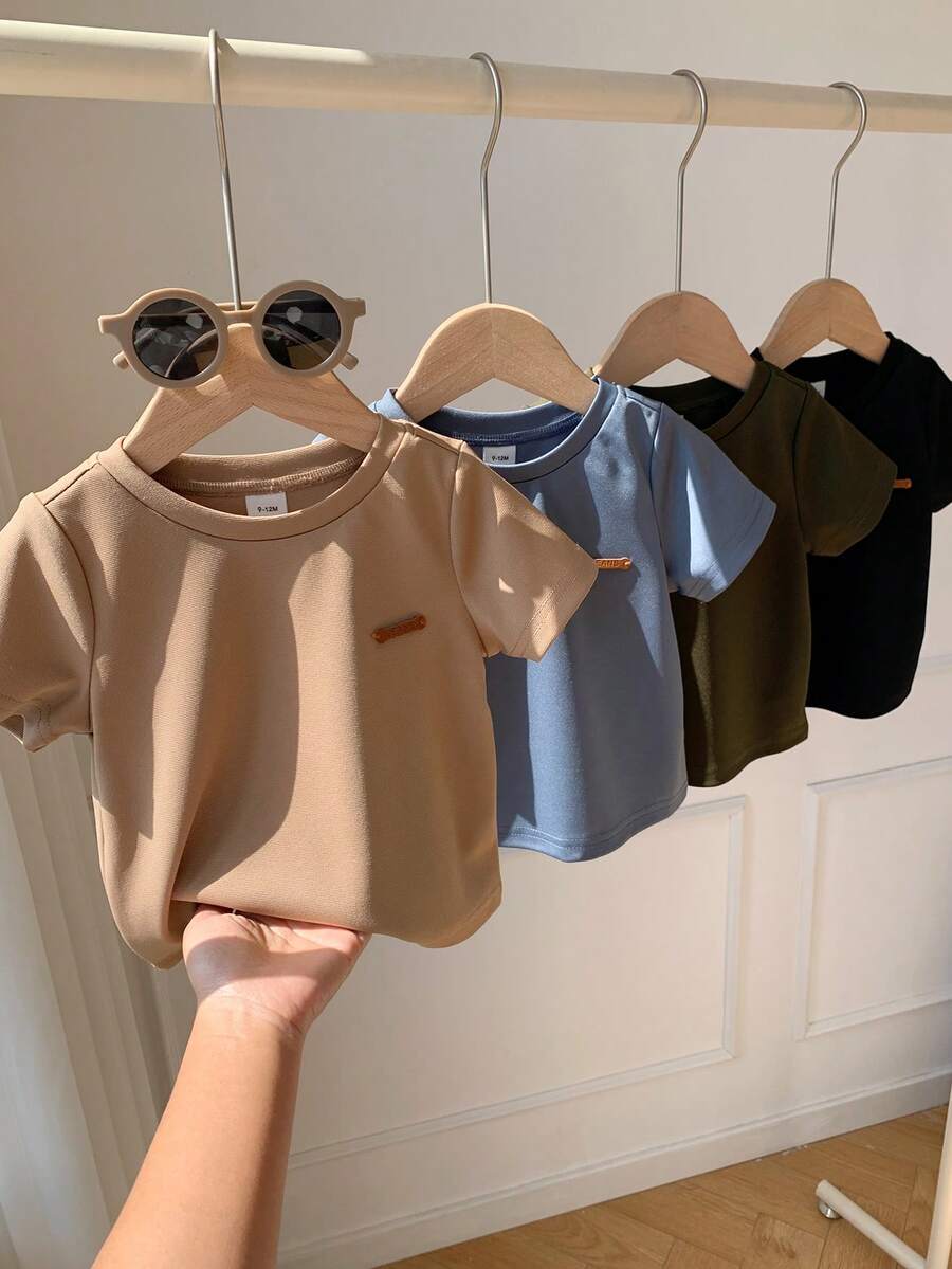 SHEIN 男女宝宝4件套纯色基础款圆领短袖针织T恤套装,舒适休闲百搭,适合春夏室内外活动 - 彩色 - 查看 1