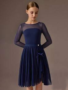 SHEIN Tween女孩運動服 玫瑰紅海軍藍 膝長網紗 可愛 校園 開學穿搭 - 藍色 - 查看 3