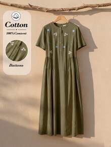 SHEIN LUNE 黄色碎花连衣裙，优雅休闲夏季女装 - 軍綠色 - 查看 3