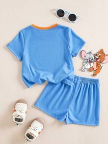 TOM & JERRY X SHEIN Baby Boy Contrast Trim Cartoon Print Round Neck Short Sleeve T-Shirt And Shorts Set - Blue - View 2