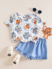 TOM & JERRY X SHEIN 2pcs/Set Young Girl Casual Cartoon Graphic Round Neck Short Sleeve Top And Shorts - Multicolor - View 2