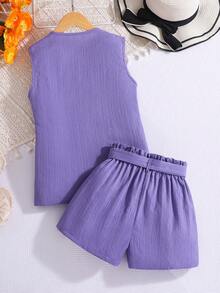 SHEIN 2件套少女无袖背心外套配蝴蝶结腰带和短裤休闲时尚套装，姐妹装（2套单独出售） - 紫色 - 查看 2