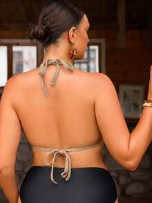 Swim Mod New Plus Size Women Solid Color Halter Neck Slim Fit Casual Swimwear Top - Coffee Brown - View 2