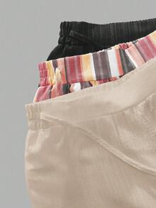 Set Of 3 High-Waisted Loose Straight-Leg Trousers With Drawstring And Pockets, Solid Color And Versatile, Suitable For Spring/Summer - Apricot - View 3