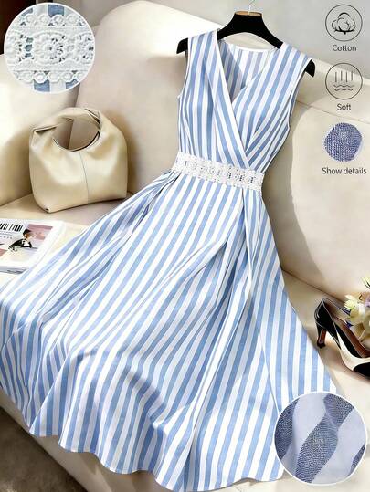 SHEIN Franclia Women's Summer Mid-Length Shirred Dress With Collar, Sleeveless, Contrast Color Waist, Ruffled Hem, A-Line Silhouette, Made Of Non-Stretch Cotton Blend Blue Striped Fabric, Suitable For Daily Wear, Commuting, Vacation, Parties, Weddings, And Other Elegant Occasions