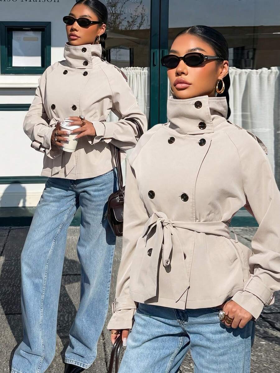Muchica Apricot Woven High Collar Raglan Sleeve Double-Breasted Jacket - Apricot - View 1
