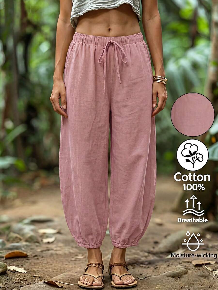 EMERY ROSE Women's Casual Vacation Style Knotted Elastic Waist Side Pockets Tapered Cropped Lantern Pants - Dusty Pink - View 1
