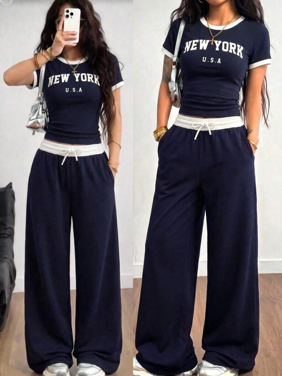 Girlism 少女春夏时尚罗纹蓝白撞色休闲T恤套装,包含一件修身基础款T恤和一条撞色腰带宽松口袋裤,打造休闲运动街头风。适合学校运动、返校、足球运动、户外运动等场合,舒适百搭。 - 藍白色 - 查看 1