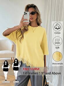 SHEIN Tall CURVE Plus Size Solid Color Minimalist Short Sleeve T-Shirt - Pale Yellow - View 1