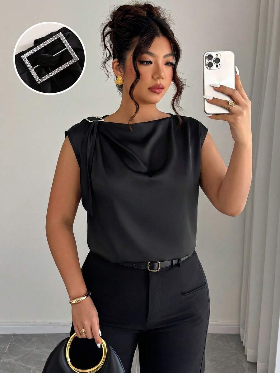 Elenzga Áo kiểu nữ cỡ lớn, vai lệch, thắt dây, khóa kim loại, chất liệu satin thanh lịch, phù hợp cho công sở, mặc hàng ngày, hoặc làm áo khoác ngoài duyên dáng. - màu đen - Xem 1