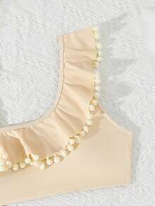 Teen Girls 3 PiecesBikini Set With Cute Pom Pom Decor, Elegant One Shoulder Swimsuit And Long Pants, Suitable For Vacation - Beige - View 3