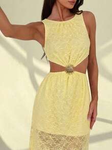 Rafferiza Women's Hollow Out Round Neck Backless Tie Design Metal Decor Jacquard Fabric Long Dress, Suitable For Summer Vacation & Outing - Butter Yellow - View 3