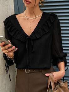 Sundraya Women's Spring/Summer New Arrival French Romantic Ruffle V-Neck 3/4 Sleeve Loose Blouse - Black - View 5