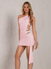 MSSHEIN Glamour Vestido mini blanco con hombros descubiertos, espalda descubierta y asimetría sin mangas, vestido de elegancia elevada, atuendo de rav - Rosa Pálido - Ver 6