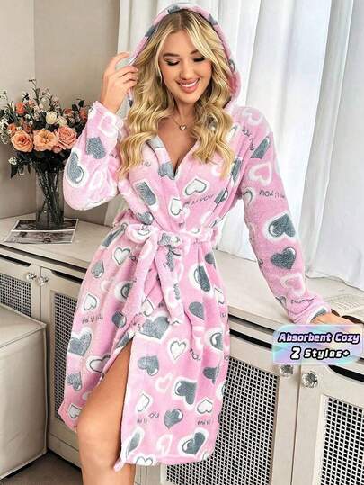 Women's Winter Robe - Pink & Gray Heart Pattern Long Sleeve Hooded Loose Robe, Adjustable Drawstring Waist, Machine Washable Women's Loungewear Robe (Sleepwear, Gift)