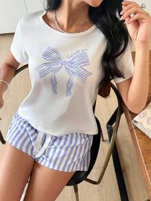 SweetSlumber 甜美条纹蝴蝶结装饰短袖女士睡衣套装 - 彩色 - 查看 6