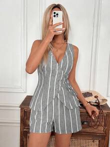Easowa Bộ đồ nữ kẻ sọc 2 món, gồm áo vest buộc dây và quần short, phù hợp với phong cách cổ điển, công sở thường ngày, du lịch kiểu Pháp, trang phục thường nhật, mùa xuân/hè. - Xám - Xem 2