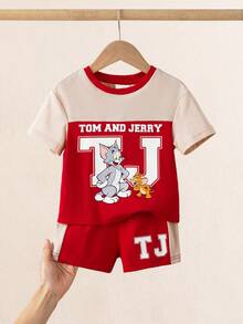 TOM & JERRY X SHEIN 男婴撞色卡通印花圆领短袖T恤和短裤休闲套装 - 紅色 - 查看 3