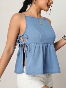 SHEIN PETITE Women's Casual Washed Side Tie Denim Blouse, Summer - Light Wash - View 12