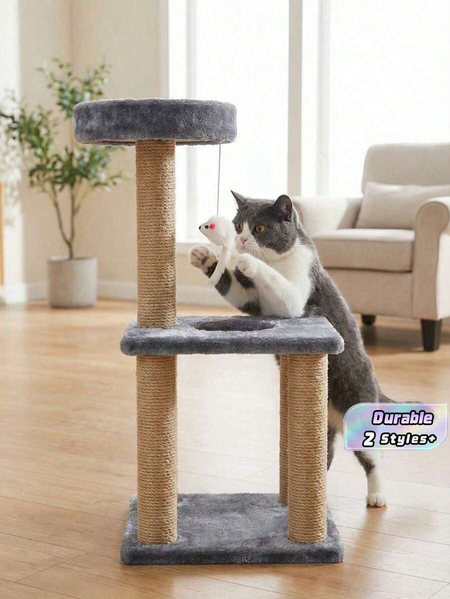 1个三层猫抓平台,Seesal绳缠绕柱,毛毡底座猫玩具,带悬挂老鼠玩具的猫树,耐用猫用品 - 彩色 - 查看 1