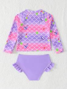 SHEIN 春夏新款少女泳装吊带比基尼套装，圆领长袖泳衣，纯色浅紫色泳裤，碎花甜美洛可可风格粉彩色荷叶边设计 - 淡紫色 - 查看 2